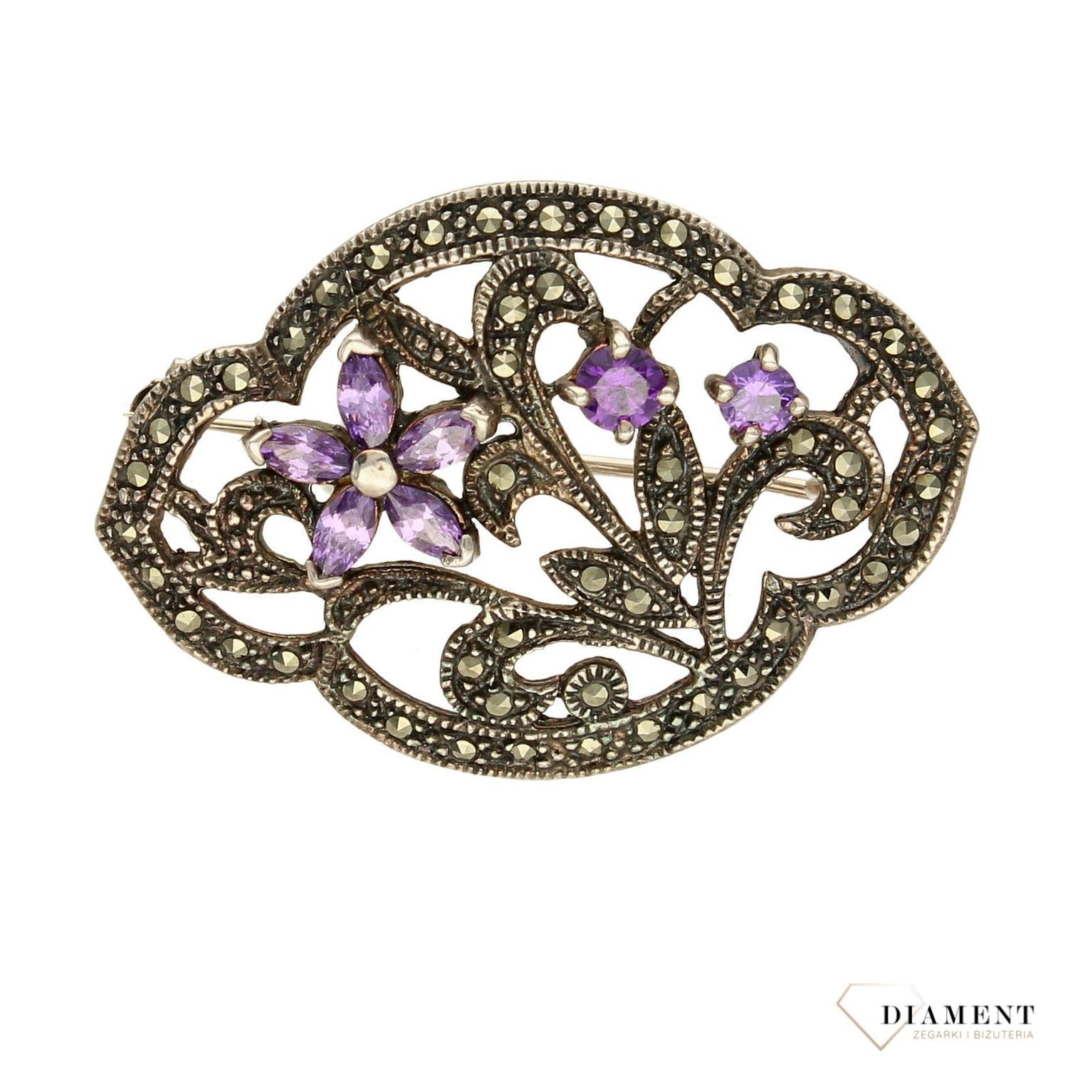 Srebrna broszka markazyty i fioletowa cyrkonia BRO 104.jpg